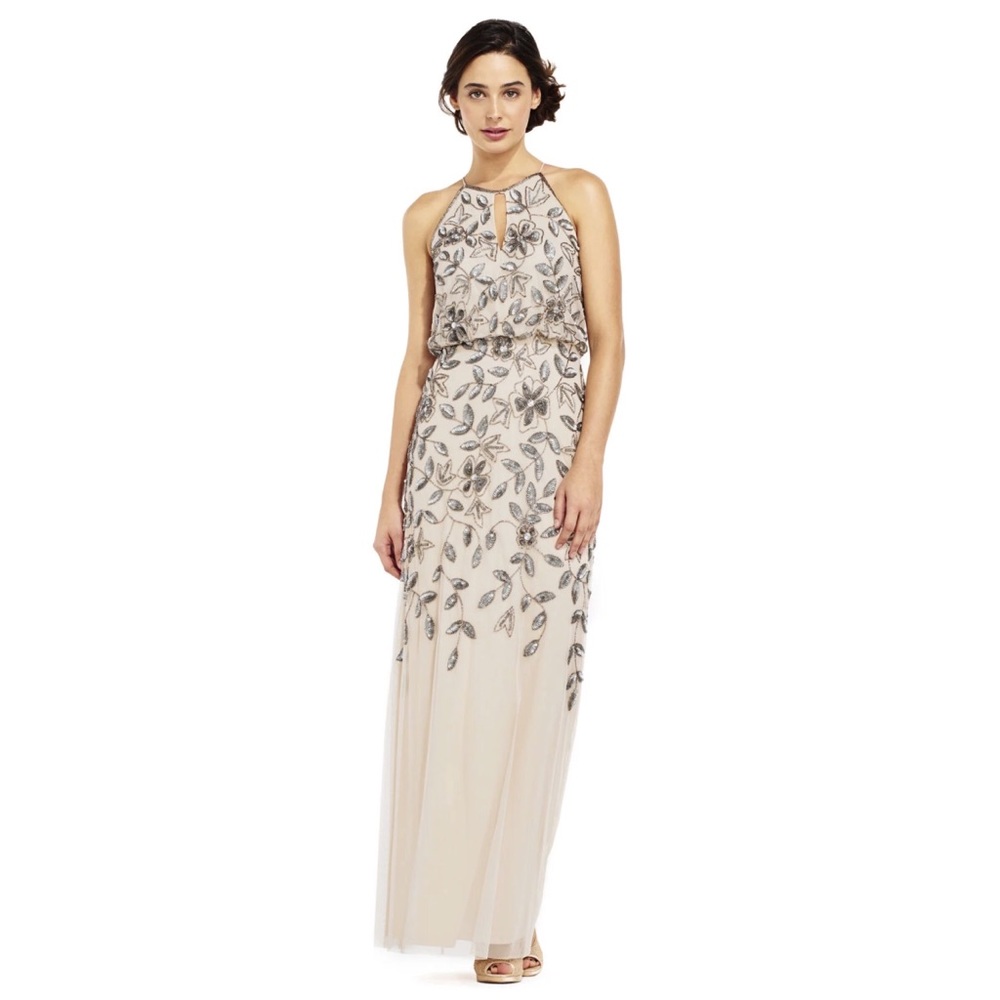 Adrianna Papell champagne beaded gown, size 0